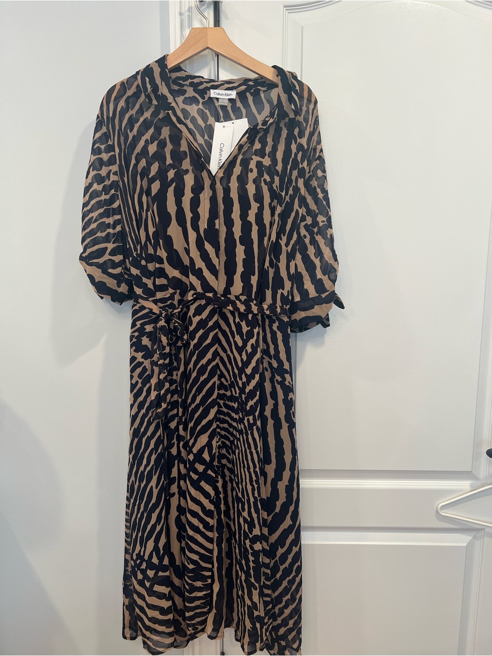 Calvin Klein Black and Tan Zebra-Print Midi Dress